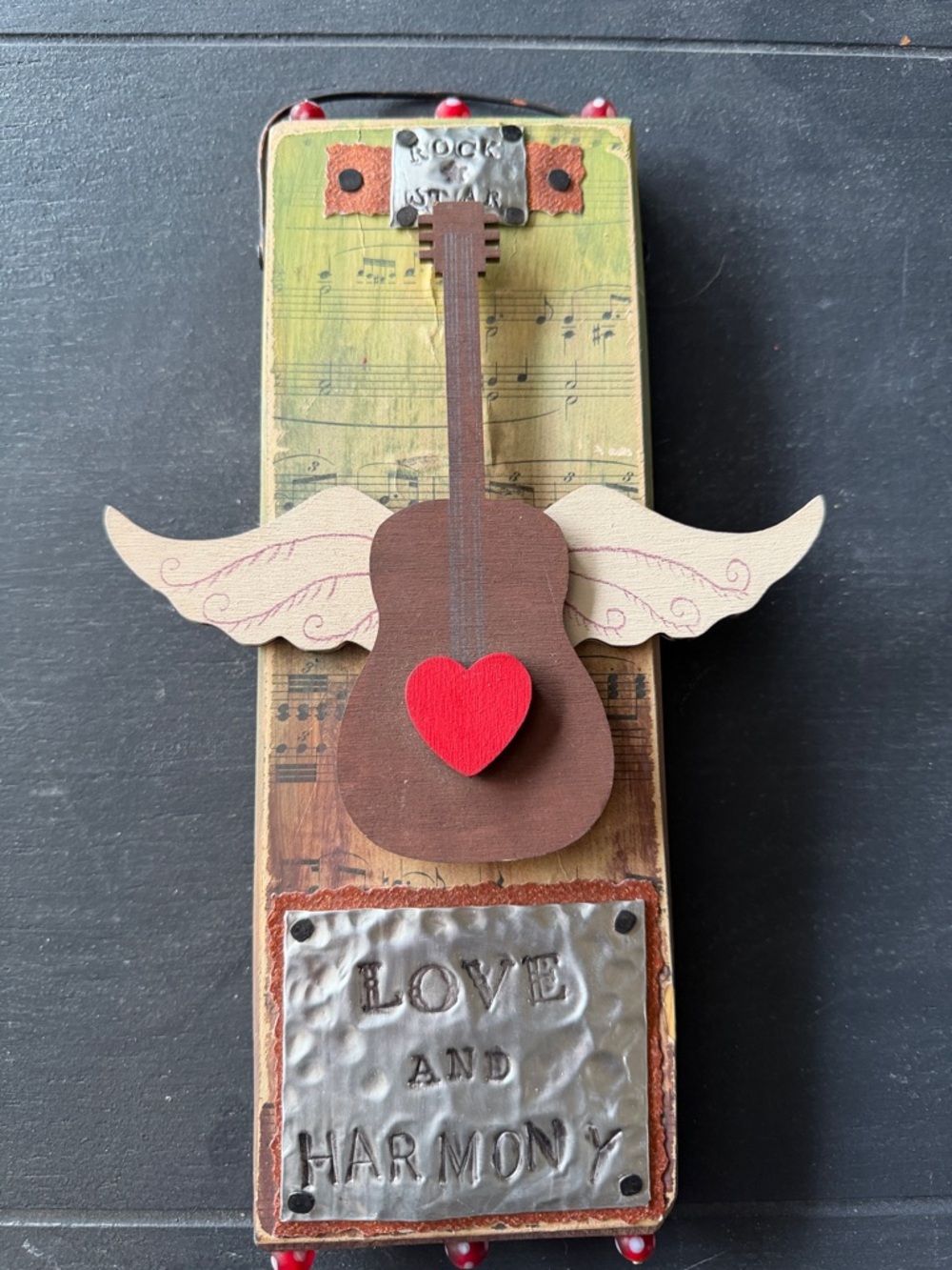 Wooden Guitar Wall Art with Red Heart and Wings